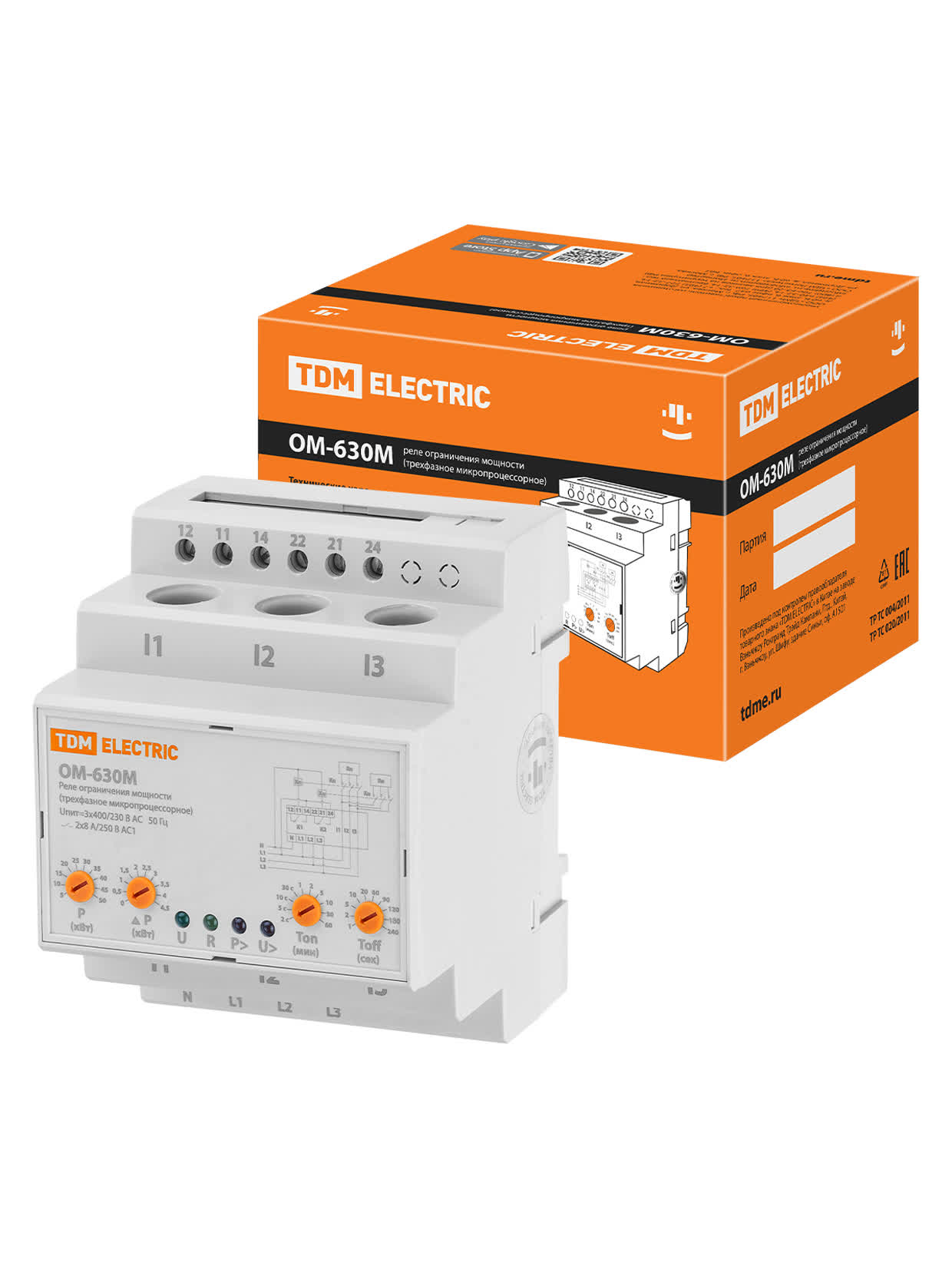 Реле ограничения мощности ОМ-630М 5/50-3Н-01 (3ф, 5-50кВт, 4мод, сумм. расчет, с реле напр.) TDM
