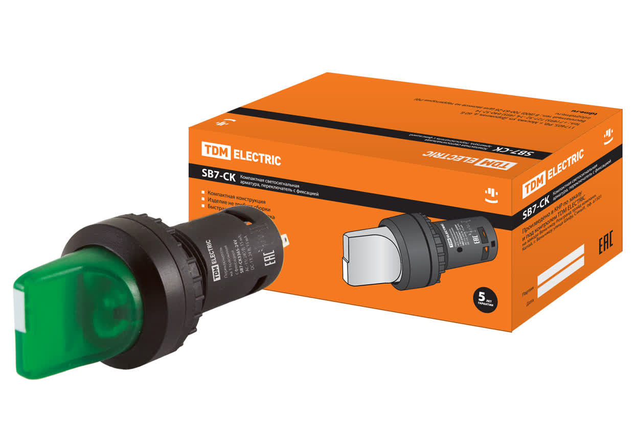 TDM Переключатель на 3 положения SB7-CK3365 с фиксацией, 1з+1р, стандартная ручка, d22 мм, с подсветкой 24 В LED, зеленый, IP40 TDM — 10.00Вт IP20
