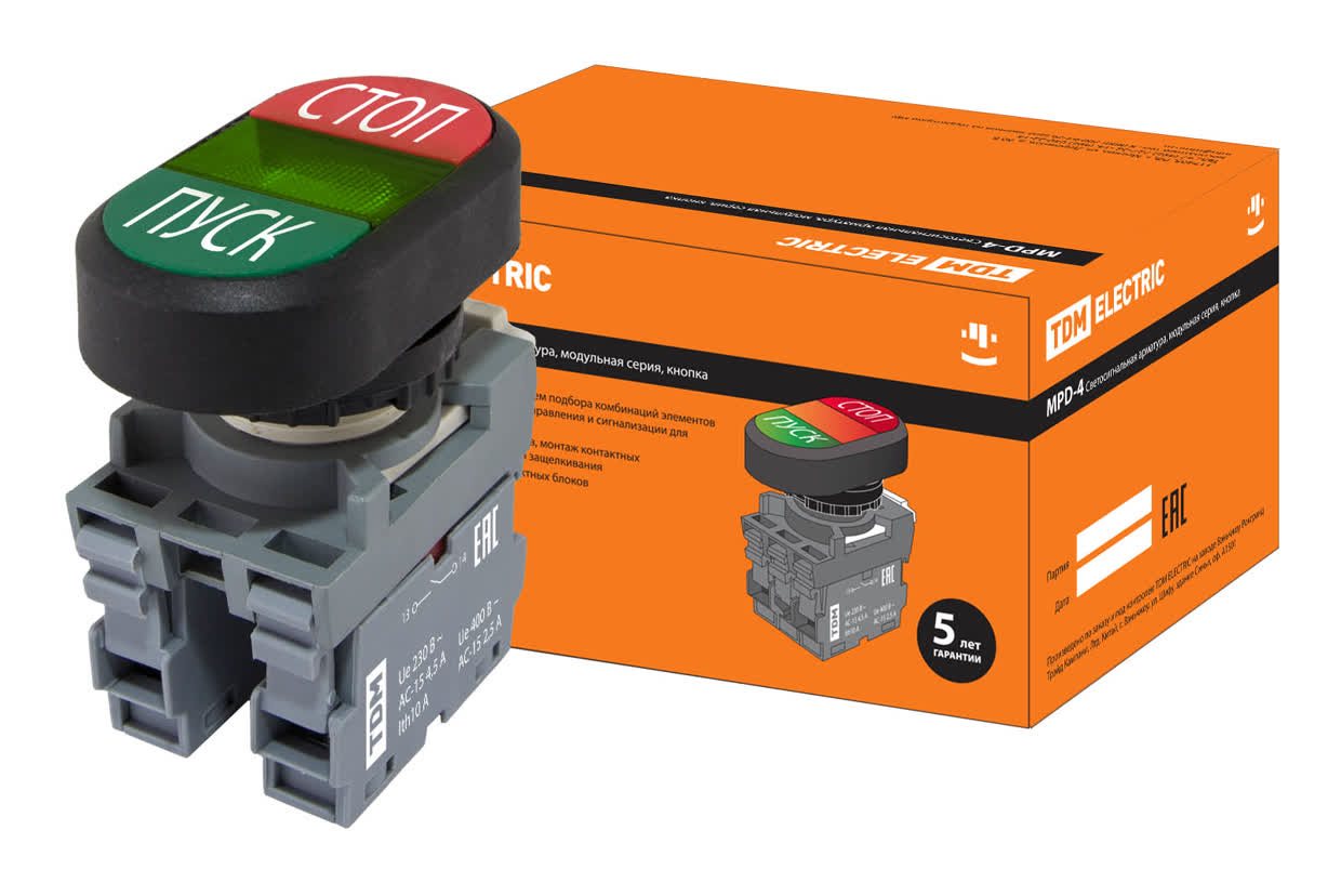 TDM Кнопка двойная MPD4-11G (зеленая/красная) (LED) в сборе d22мм/24В (ПУСК/СТОП) линза зеленая TDM — 10.00Вт IP20