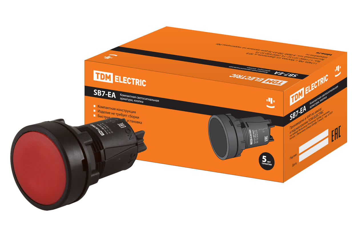 TDM Кнопка SB7-EA42 с возвратом, 1НЗ, d22 мм, красная, IP40 TDM — 10.00Вт IP20