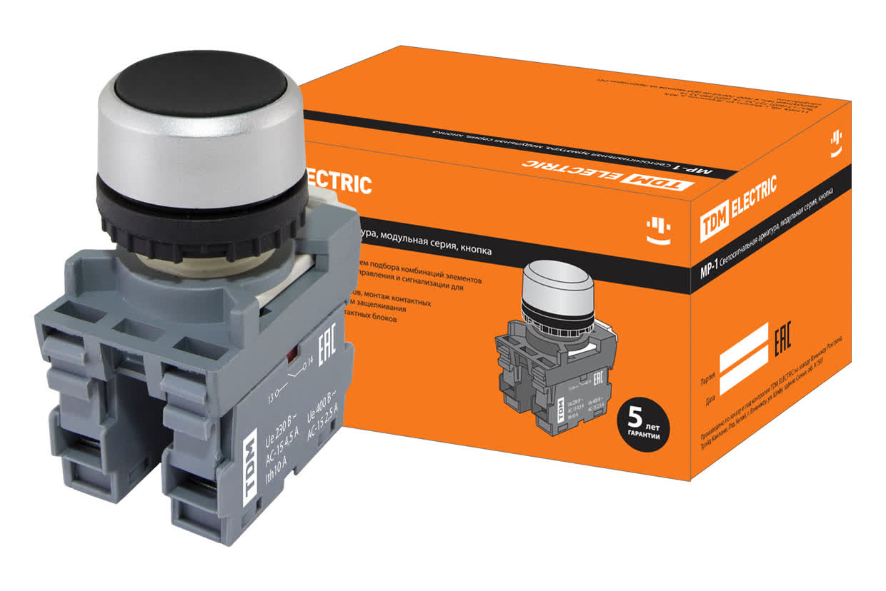 TDM Кнопка MP1-20B в сборе d22мм 1з+1р черная TDM — 10.00Вт IP20