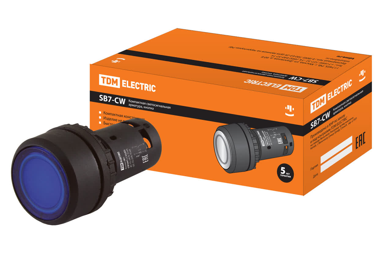 TDM Кнопка SB7-CW3661 с возвратом, 1НО, d22 мм, с подсветкой 24 В LED, синяя, IP54 TDM — 10.00Вт IP20