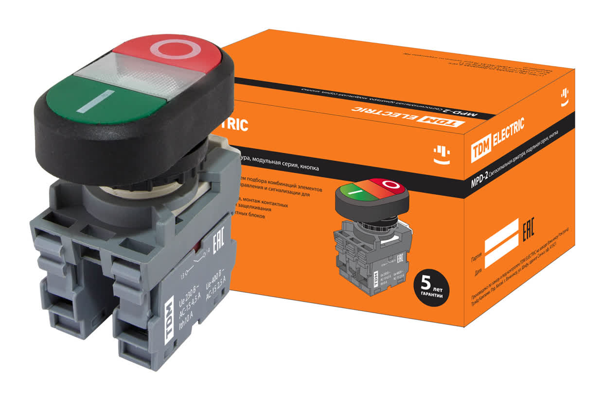 TDM Кнопка двойная MPD2-11С (зеленая/красная) (LED) в сборе d22мм/24В (I/O) линза прозрачная TDM — 10.00Вт IP20