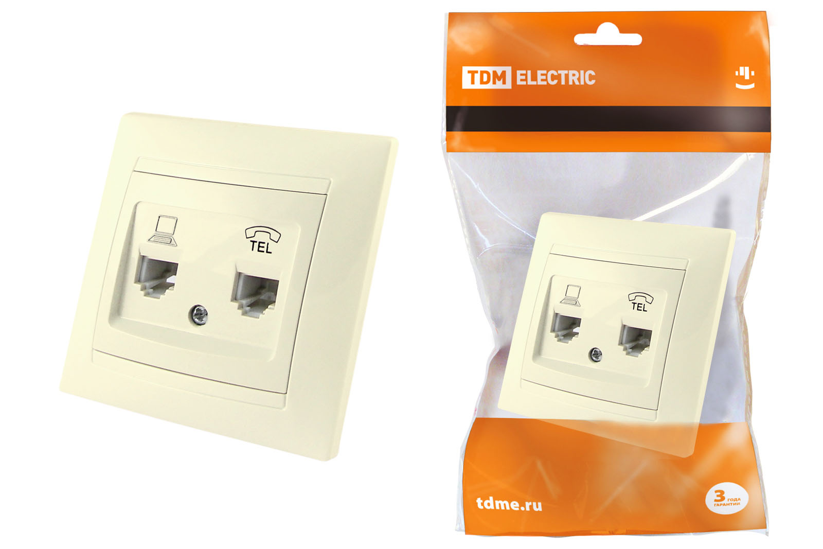 TDM Розетка телефонная RJ11 + компьютерная RJ45 сл. кость "Лама" TDM — 10.00Вт IP20