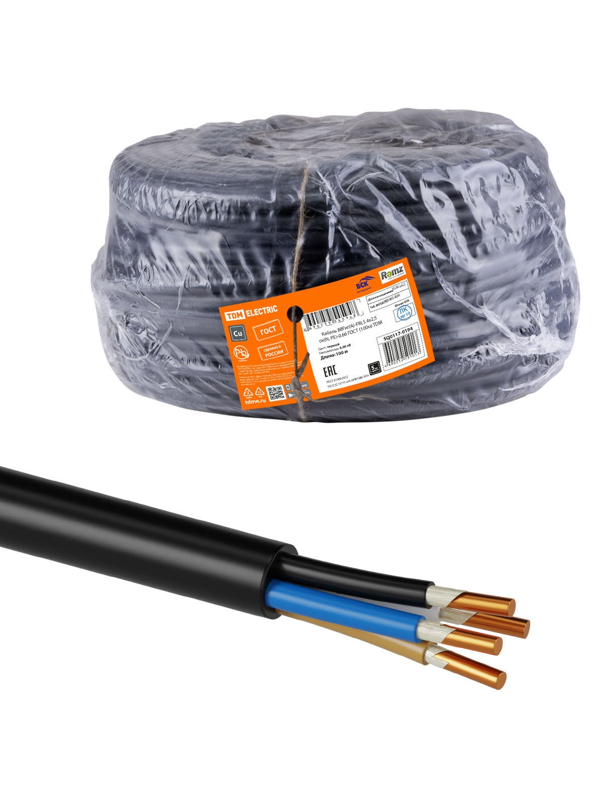 TDM Кабель ВВГнг(А)-FRLS 4х2,5 ок(N)-0,66 ГОСТ (100м) TDM — 10.00Вт IP20