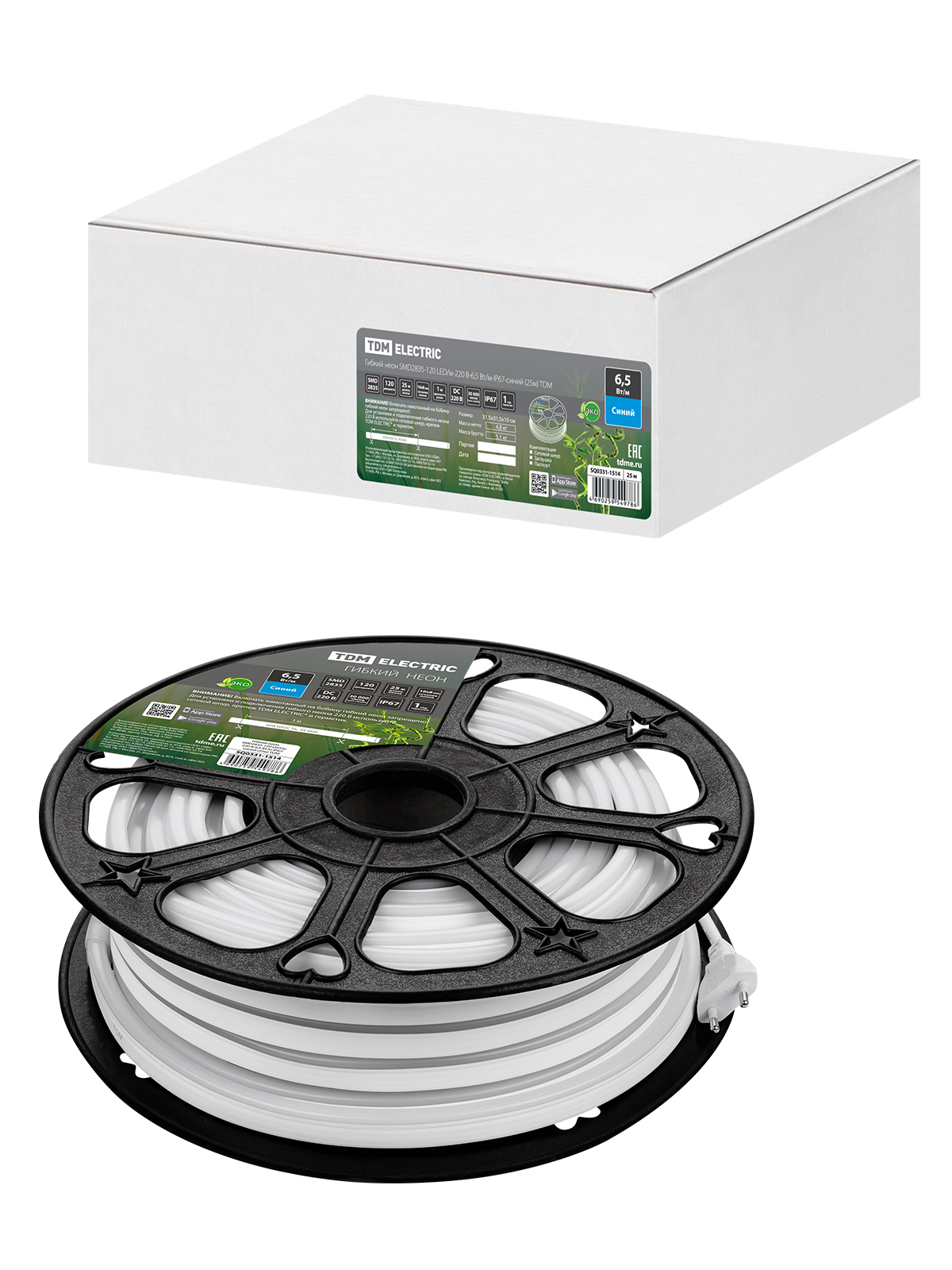 TDM Гибкий неон SMD2835-120 LED/м-220 В-6,5 Вт/м-IP67-синий (25м) TDM — 10.00Вт IP20